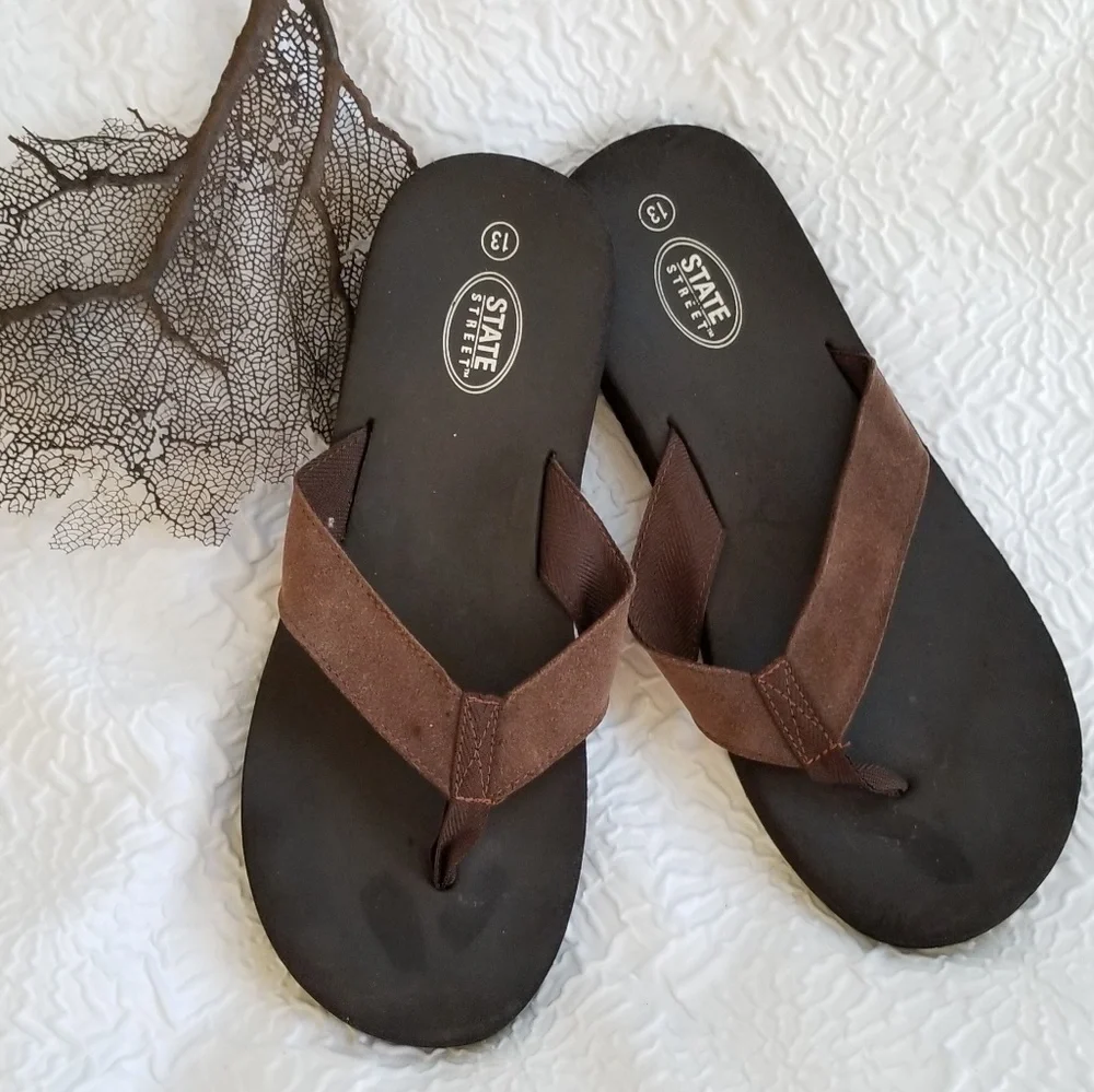 State Street Men's Black Brown Suede Flip-Flops